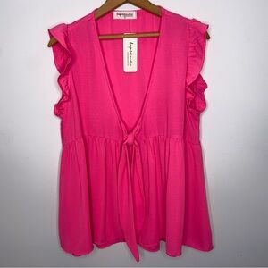 NWT IMPRESSIONS PINK LARGE KNOT QUITE YOUR’S BABYDOLL TOP WITH RUFFLE SLEEVES